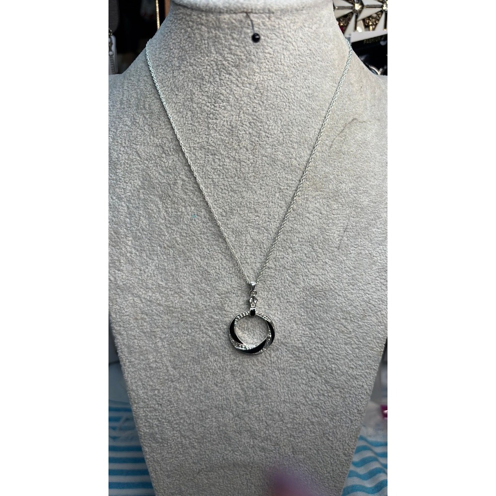 #30. Vintage SHB Signed Silver Tone Black Enamel Rhinestone Pendant Necklace